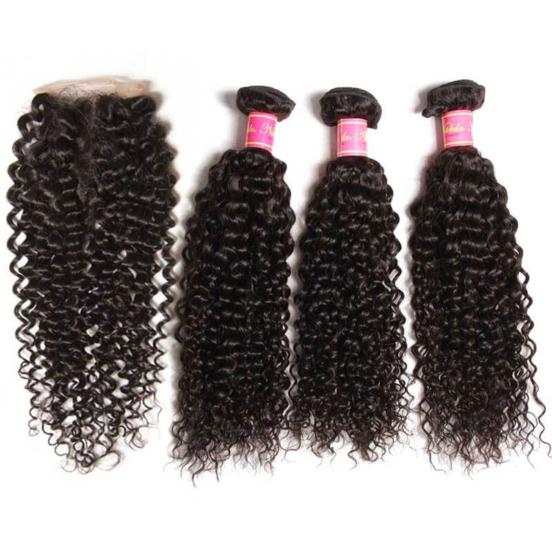 Curly Virgin Hair Weave 3 Bundles With Lace Closure 4x4 Idolra Unprocessed Human Hair Extensions